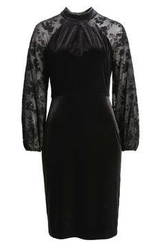 Flocked blooms adorn the sheer sleeves of this stretchy velvet cocktail dress rendered in a timeless sheath silhouette. 37" length Hidden back-zip closure Mock neck Long sleeves with elastic cuffs Lined 90% polyester, 10% spandex Hand wash, dry flat Imported Cocktail Dress Nordstrom, Velvet Cocktail Dress, Eliza J, Sheer Sleeves, Nordstrom Dresses, Mock Neck, Cocktail Dress, Hand Wash, Nordstrom