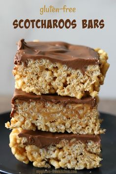 three bars stacked on top of each other with chocolate frosting