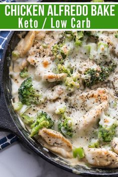 chicken alfredo bake with broccoli and cheese in a skillet