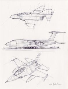 two drawings of an airplane and a fighter jet