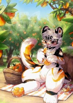 a tiger cub sitting on a towel in front of an orange tree holding a piece of fruit