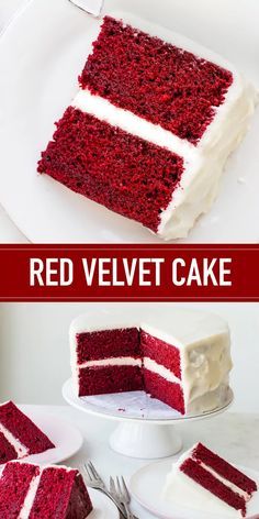 red velvet cake with white frosting on a plate