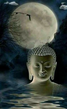 a buddha statue sitting in the middle of water with a full moon and trees behind it