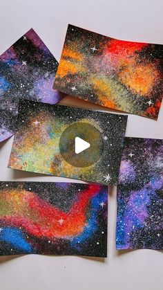 four pieces of art work with space and stars on them