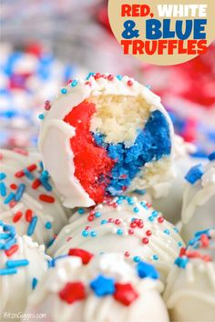 red, white and blue truffles are stacked on top of each other