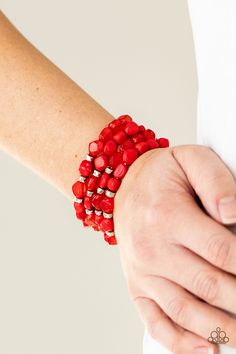 Bright red irregular shaped beads in varying opacities, accented with shining faceted silver beads are threaded along stretchy bands and stack up the wrist for a glowing display.

 Sold as one individual bracelet. Trendy Fringe, Red Bracelet, Colorful Frames, Pink Peacock, Feather Fan, Natural Contour, Red Bracelets, Ball Necklace, Paparazzi Accessories