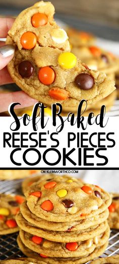 soft baked reese's pieces cookies on a cooling rack with candy corn and chocolate chips