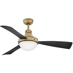 a ceiling fan with a light on top of it and a black bladed blade