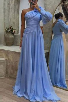 This casual yet elegant long dress features a chic one-shoulder design and a stylish diagonal collar. Crafted from chiffon, it boasts a solid color and pleated detailing, adding a touch of sophistication. With a sleeve split for added flair, it's perfect for parties and special occasions. Chiffon Maxi Dress For Prom Season Banquet, Chiffon Maxi Dress For Prom And Party Season, Chiffon Maxi Length Evening Dress For Banquet, Chiffon Maxi Evening Dress For Banquet, Summer Party Chiffon Dress In Georgette, Blue Chiffon Evening Dress For Banquet, Chiffon Evening Dress For Banquet, Fitted Georgette Chiffon Dress For Cocktail, Floor-length Chiffon Evening Dress For Banquet