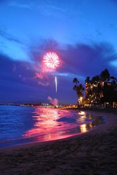 fireworks are lit up in the sky over the water at night on a beach with palm trees