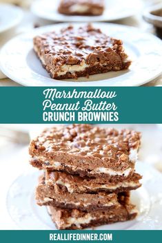 three different views of marshmallow peanut butter crunch brownies on a white plate