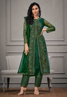 Net kameez with pant in Green colour 4923 Desc: Style : Pant Style Suits Color : Green Fabric : Net Work : Embroidery Sequence Wash Care : Dry clean Sleeve Style : Quarter Sleeve Long Sleeves : Done only in Custom Stitch Sleeves Lining : Done only in Custom Stitch Bust Size : 32 to 50 Inches Occasion : Festival Diwali Eid Durga Pooja Ganesh Charturthi Dussehra. With Express Free Shipping Buy Indian Party wedding wear bridal salwar Net kameez with pant in Green colour 4923 online in USA, UK and C Net Kurti, Jacket Style Kurti, Kurti With Jacket, Celana Fashion, Short Satin, Straight Cut Pants, Partywear Dresses, Embroidered Pants, Wear Green