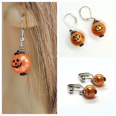 Cute unique jack o Lantern pumpkin earrings🎃  The pumpkins are made from 12mm synthetic orange pearls. The jack o Lantern face is part of the pearl. It has not been painted on. On top of the pearl I have placed a black scalloped metal bead cap. On the bottom of the pearl there is a tiny black metal scalloped spacer.  Earrings hang 3/4" inch below chosen earring finding.  This pair is available clip on,  french earwire or leverback.  All styles are nickel free.  Your earrings are sent in a gift box with bubble wrap and cotton to protect them during shipping. I have another pair of cute jack o Lantern Earrings available here https://www.etsy.com/listing/1557401100 Cute Jack O Lantern, Lantern Earrings, Jack O Lantern Pumpkin, Jack O Lantern Faces, Pumpkin Earrings, Leverback Earrings, Halloween Earrings, Halloween Jewelry, Earring Findings