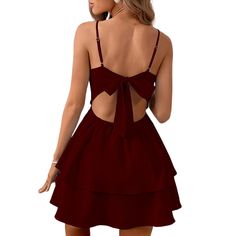 Burgundy Back Bowknot Spaghetti Strap Mini Dress Summer Party Mini Dress With Knotted Straps, Spaghetti Strap Dress With Bow For Date Night, Party Sundress With Knotted Straps, Summer Party Sundress With Knotted Straps, Mini Dress With Bow Spaghetti Straps For Day Out, Summer Party Dress With Bow Straps, Casual Sundress With Spaghetti Bow Straps, Casual Dress With Spaghetti Straps And Bow Tie Back, Casual Mini Dress With Spaghetti Bow Straps