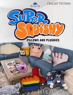 there is a book cover with stuffed animals on the couch and other toys in front of it