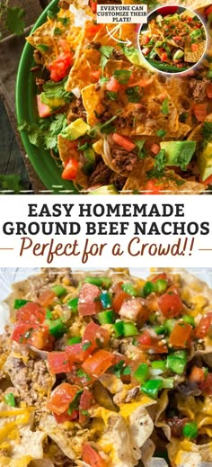 an image of homemade ground beef nachos on a plate with text overlay