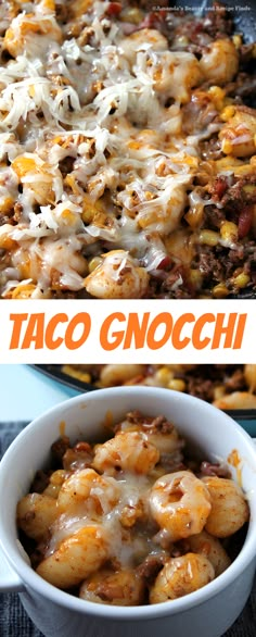 taco gnocchi with cheese and meat in a casserole dish on the side