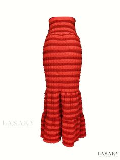 Lasaky - Elevate Your Style with our Exquisite High-waist Mermaid Skirt Featuring a Solid Popcorn Texture, Perfect for Spring and Fall Seasons; Ideal Addition for Womens Clothing Range Elegant Ruffled Maxi Bottoms, Elegant Fishtail Summer Skirt, Fitted Ruffle Maxi Bottoms, Red Fitted Maxi Bottoms, Summer Party Bottoms With Mermaid Hem, Summer Party Mermaid Hem Bottoms, Fall Care, Mermaid Skirt, Pattern Blocks