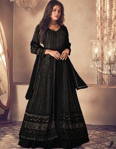 Black Lehenga style Suit Semi-Stitched Suits Salwar Kameez in Embroidery, Sequins & Lace Work:Arabic Attire #blackshalwarkameezforladies #trendingsuits #stitchingsalwarkameez #indiansalwarsuitsonline #simplesuits #traditionalsalwarkameez #suitnewfashion #salwarsuitonlineusa #suitsforwomenonline #simpleshalwarkameez #ladieski #salwarkameezonlineshopping #designsuits #designersuitswithprice #designersuitwithprice #differenttypesofsuitsdesign Plain Lehenga, Long Choli Lehenga, Celana Fashion, Kurti Style, Anarkali Lehenga, Black Lehenga, Georgette Lehenga, Lehenga Suit, Kameez Designs