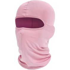 a pink ski mask is shown with the hood pulled up to expose it's inner lining