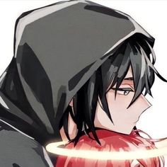 an anime character with black hair wearing a hoodie and holding a glowing object in his hand