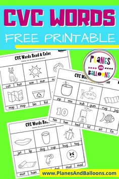 the cvc words printable worksheet is shown in three different colors and shapes