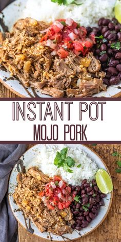 an image of instant pot moo pork on a plate with rice, beans and cilantro