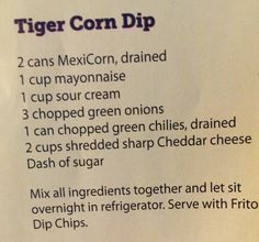 a menu listing the ingredients for a mexican corn dip