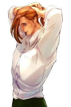 a drawing of a woman in a white shirt and green pants with her hands on her head