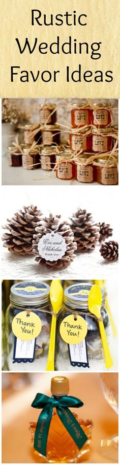 rustic wedding favors with pine cones and ribbons