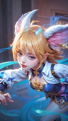 a woman with blonde hair and blue eyes is dressed up as an angel in the video game overwatch