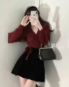 Red Velvet Dress Long Sleeve Short, Beautiful Outfits For Women Classy, Red Korean Outfits, Feminim Style Outfit, Red Outfit Korean, Fest Outfits, Fashion Drawing Dresses, Fashionista Clothes