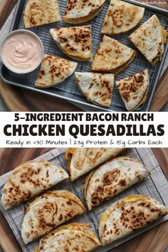 chicken quesadillas on a baking sheet with ranch dressing in the background and text overlay