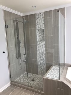 a walk in shower sitting inside of a bathroom