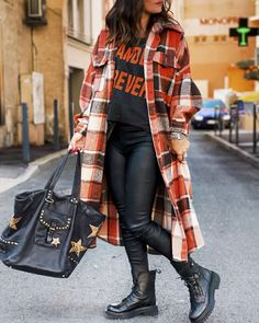 US$ 52.69 - Lapel Plaid Print Woolen Long Coat - www.lookshepretty.com Long Plaid Coat, Plaid Trench Coat, Woolen Coat Woman, Plaid Sleeve, Plaid Coat, Loose Outfit, Woolen Coat, Coat Outfits, Fashion Color