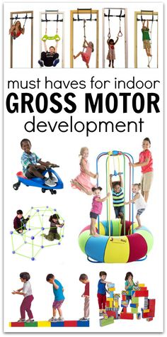 an advertisement for indoor gross motor development with pictures of children playing on swings and slides