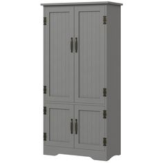 a tall gray cabinet with two doors