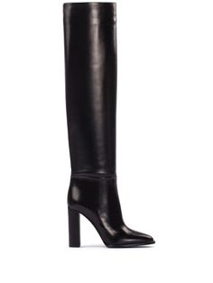 black nappa leather 110mm heel almond toe pull-on style Luxury Faux Leather Knee-high Boots For Formal Wear, Luxury Formal Knee-high Boots In Faux Leather, Luxury Faux Leather Knee-high Boots For Party, Luxury Leather Sole Boots For Galas, Black Leather High Heel Boots, Luxury Black Boots, Black Boots With Heels, Ysl Boots, Preppy Inspo