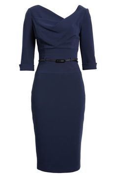 A slender belt accentuates the waist of this figure-skimming sheath that will take you from office meetings to fanciful dinners with sophisticated style. 62% polyamide, 33% viscose, 5% elastane Dry clean Made in the USA of imported fabric Elegant Office Midi Dress With Back Zipper, Chic Office Dress With Back Zipper, Chic Fitted Midi Dress With Boat Neck, Sleek Fitted Dress With Asymmetrical Neckline, Elegant Midi Dress With Back Zipper For Formal Events, Elegant Formal Midi Dress With Back Zipper, Elegant Bodycon Dress With Boat Neck, Formal Draped Belted Dress, Formal Belted Draped Dresses