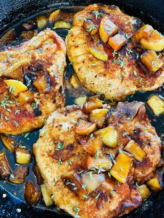 some meat and vegetables cooking in a skillet