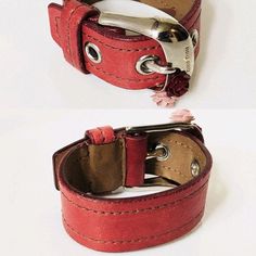 Miu Miu Leather Buckle Bracelet Wide Red Leather Strap Silver Tone Hardware Buckle Clasp / Closure Pink & Burgundy Enamel Flower Embellishments Size Medium, Adjustable Fit Authenticity Guaranteed Listing Images Are Of The Actual Item Being Offered Free Shipping Within The United States Handmade Red Enamel Bracelets, Red Adjustable Metal Cuff Bracelet, Luxury Red Leather Bracelets, Red Vintage Adjustable Cuff Bracelet, Nickel-free Red Metal Bracelet, Ribbon Curls, Buckle Bracelet, Leather Buckle, Enamel Flower