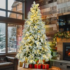 a decorated christmas tree in front of a fireplace