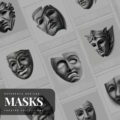 several masks are shown with the words, reference designs and images below them in black and white