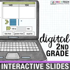 a laptop computer sitting on top of a desk with the words digital 2nd grade interactive slideshow