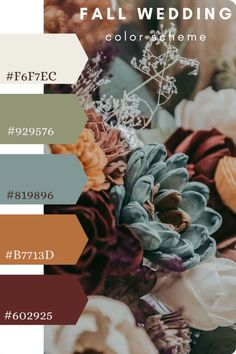 the color scheme for fall wedding with flowers and foliage in shades of brown, orange, green