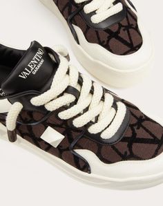 Valentino Garavani ONE STUD XL low-top sneaker in nappa leather and Toile Iconographe fabric - Maxi stud detail in semi-matte finish 22 X 22 mm / 0.8 x 0.8 in. - Valentino Garavani screen-printed logo on the tongue and heel - Flatform rubber sole with low-relief Maxi stud detail - Rubber tread with Maxi stud design - Made in Italy Studded Sneakers, Detailing Logo, Brown Sneakers, Chestnut Brown, Nappa Leather, Italian Fashion, Luxury Items, Leather Sneakers, Harrods