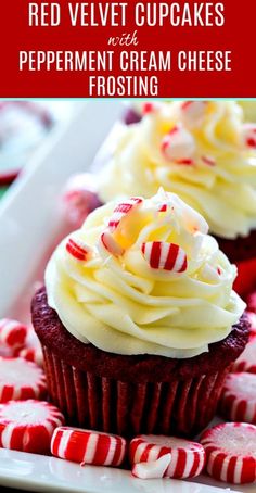 red velvet cupcakes with peppermin cream cheese frosting