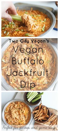 two pictures with the words vegan buffalo jackfruit dip