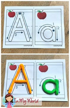 two pictures of the letter a and an apple on top of each other with letters cut out