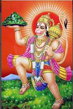 the hindu god holding a tray with food on it's lap, in front of an orange sky